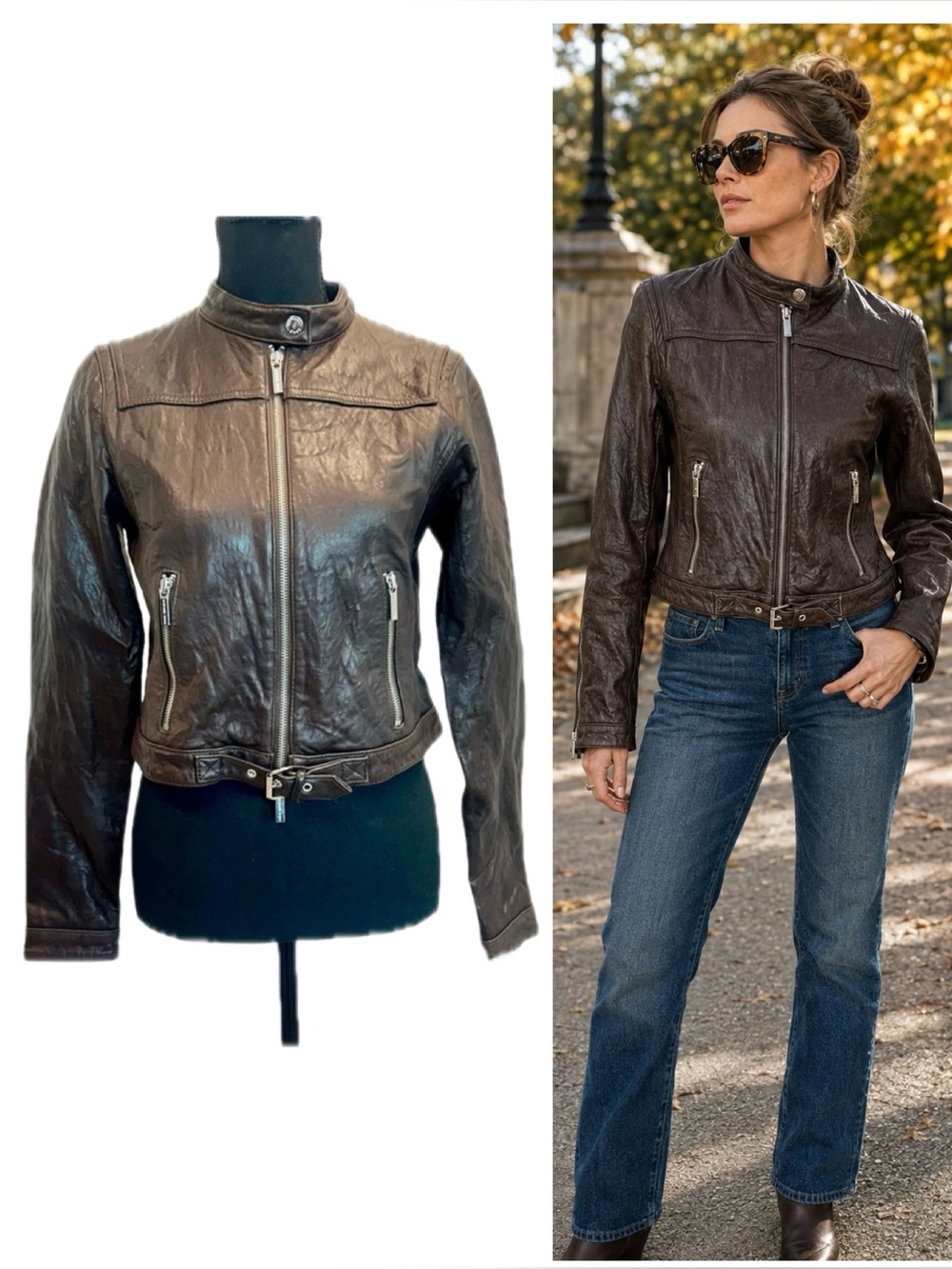 Michael Michael Kors Dark Chocolate Brown Leather Moto Biker Jacket Size S